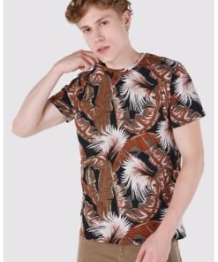 Tricou cu decolteu la baza gatului si model tropical