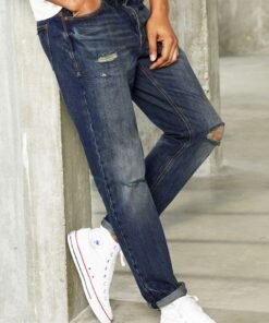 Blugi albastri slim fit cu rupturi decorative