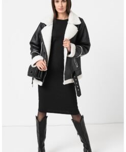 Jacheta de piele ecologica cu garnituri de blana shearling sintetica Camma