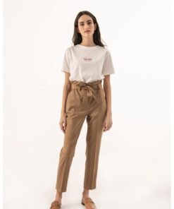 Pantaloni cu talie inalta si cordon in talie