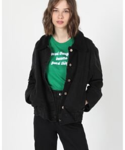 Jacheta regular fit de denim cu guler de blana shearling sintetica