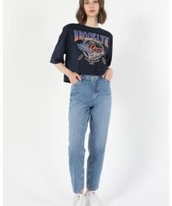 Blugi crop mom-fit cu talie inalta
