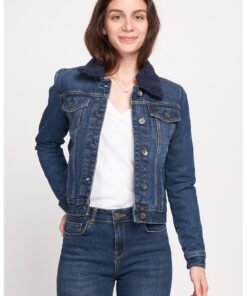 Jacheta din denim cu cordon din blana sintetica