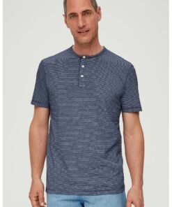 Tricou de bumbac cu decolteu Henley si model in dungi