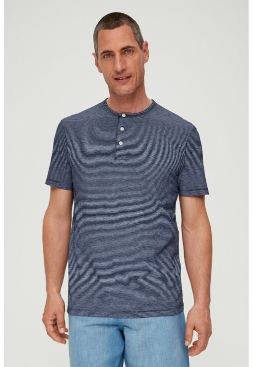 Tricou de bumbac cu decolteu Henley si model in dungi
