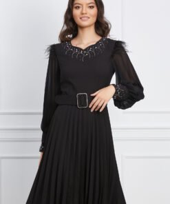 Rochie Adina neagra plisata cu fugi la umeri si curea in talie
