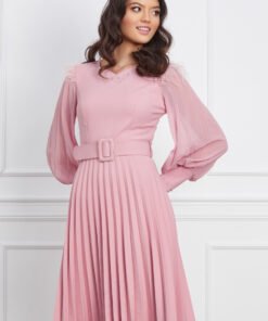 Rochie Adina roz plisata cu fugi la umeri si curea in talie