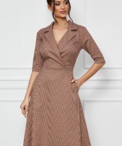 Rochie Alina bej cu carouri maro