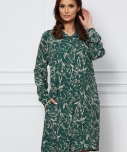 Rochie Alma verde tip camasa cu imprimeuri bej