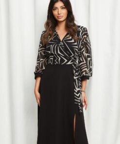 Rochie Anastasia neagra cu bus din voal cu imprimeu alb
