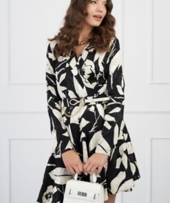 Rochie Anastasia neagra cu imprimeuri florale ivory si curea in talie