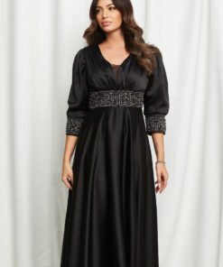 Rochie Andrada neagra cu strasuri si perlute in talie si la maneci