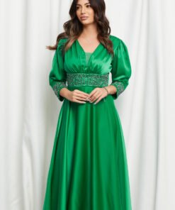 Rochie Andrada verde cu strasuri si perlute in talie si la maneci