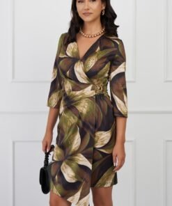 Rochie Andreea verde cu imprimeuri maro si accesoriu in talie