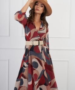 Rochie Angela bej cu imprimeu bordo si curea in talie