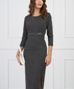 Rochie Aniela neagra cu buline si accesoriu in talie