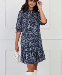 Rochie Anisia bleumarin cu floricele albe