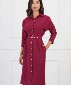 Rochie Antonia bordo cu nasturi si curea in talie