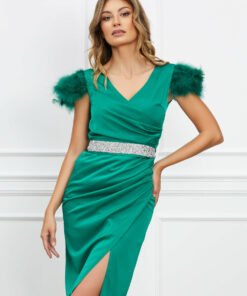 Rochie Atena verde cu pene la maneci si accesoriu in talie