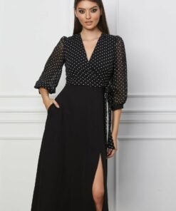 Rochie Bella neagra cu buline la bust si crepeu pe fusta