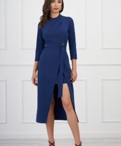 Rochie Carmen bleumarin cu catarama si cordon in talie