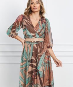Rochie Christina bej cu imprimeu verde mint si curea in talie