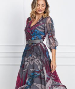 Rochie Christina gri cu imprimeuri florale magenta si curea in talie