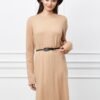 Rochie Corina bej din tricot cu striatii pe maneci si curea in talie