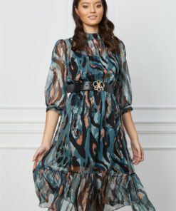 Rochie Daniela turcoaz cu zebra print caramiziu si curea in talie