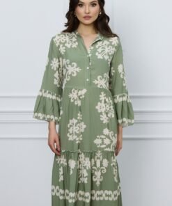 Rochie Dany verde fistic cu flori ivory