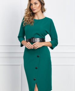 Rochie Doina verde cu nasturi pe fusta si curea in talie