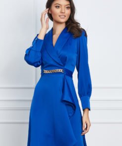 Rochie Doris albastra cu accesoriu metalic in talie