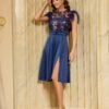 Rochie DY Fashion albastra cu broderie la bust si pene la umeri
