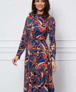 Rochie Dy Fashion albastra cu imprimeuri corai cu cordon in talie
