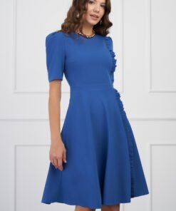 Rochie DY Fashion albastra cu volanas pe o parte