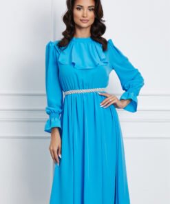 Rochie Dy Fashion bleu cu volanas la bust si perle in talie