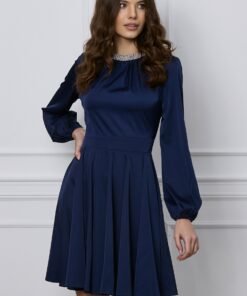 Rochie Dy Fashion bleumarin accesorizata cu perlute la decolteu