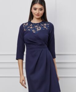 Rochie Dy Fashion bleumarin cu dantela la bust si pliuri pe fusta