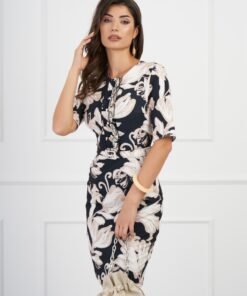 Rochie DY Fashion bleumarin cu imprimeu bej si curea in talie