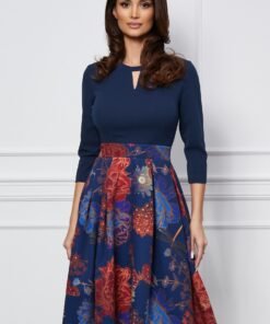 Rochie Dy Fashion bleumarin cu imprimeu bordo pe fusta