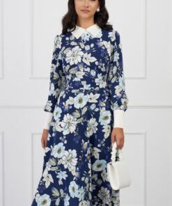 Rochie DY Fashion bleumarin cu imprimeuri florale si guler alb