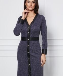 Rochie Dy Fashion bleumarin cu insertie fir lurex si nasturi