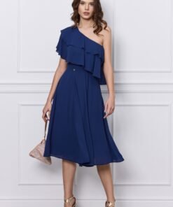 Rochie Dy Fashion bleumarin pe un umar cu volanas la bust