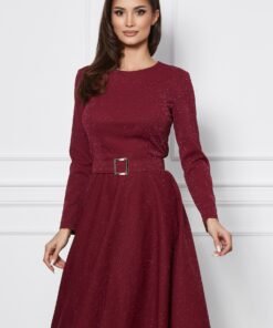 Rochie Dy Fashion bordo cu lurex si curea in talie