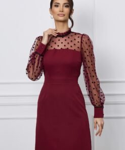 Rochie Dy Fashion bordo cu tull si buline catifelate