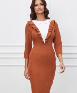 Rochie Dy Fashion camel cu volanas si nasturi la bust