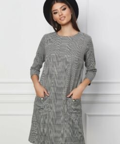 Rochie Dy Fashion cu imprimeu pepit alb-negru si buzunare