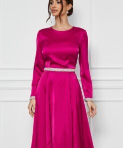 Rochie Dy Fashion fucsia cu perle in talie