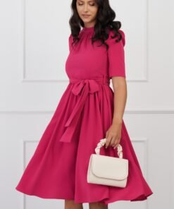 Rochie Dy Fashion fucsia cu pliuri la bust si cordon in talie