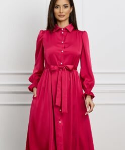 Rochie Dy Fashion fucsia din satin cu nasturi si cordon in talie
